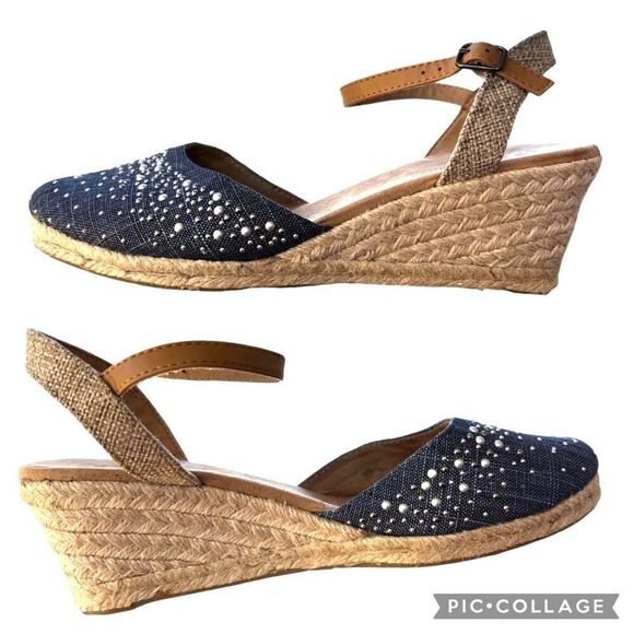 White Mountain Navy Denim Espradilles Wedge Beaded Metallic Sandals NWOB Size 8 - Picture 4 of 8